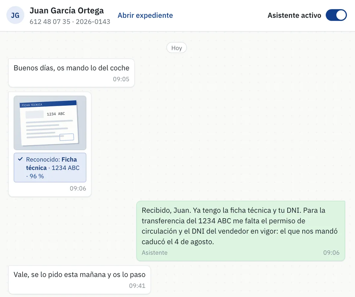 Conversación de WhatsApp dentro de Tramitiva: el cliente manda una ficha técnica, el sistema la marca como reconocida al 96 % y el asistente responde pidiendo el permiso de circulación y el DNI del vendedor.